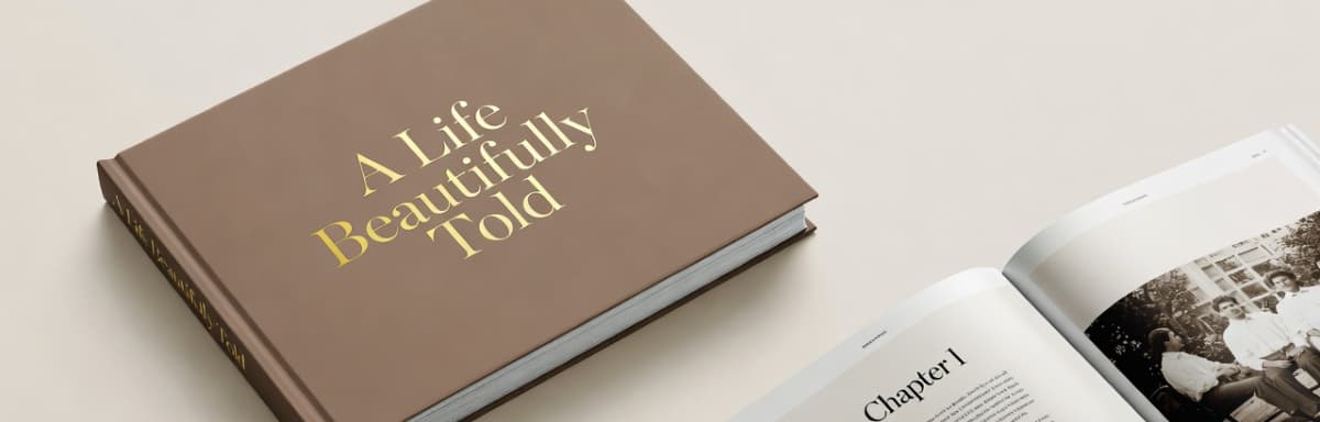 A hardcover MyStory book shown closed and open to an interior spread